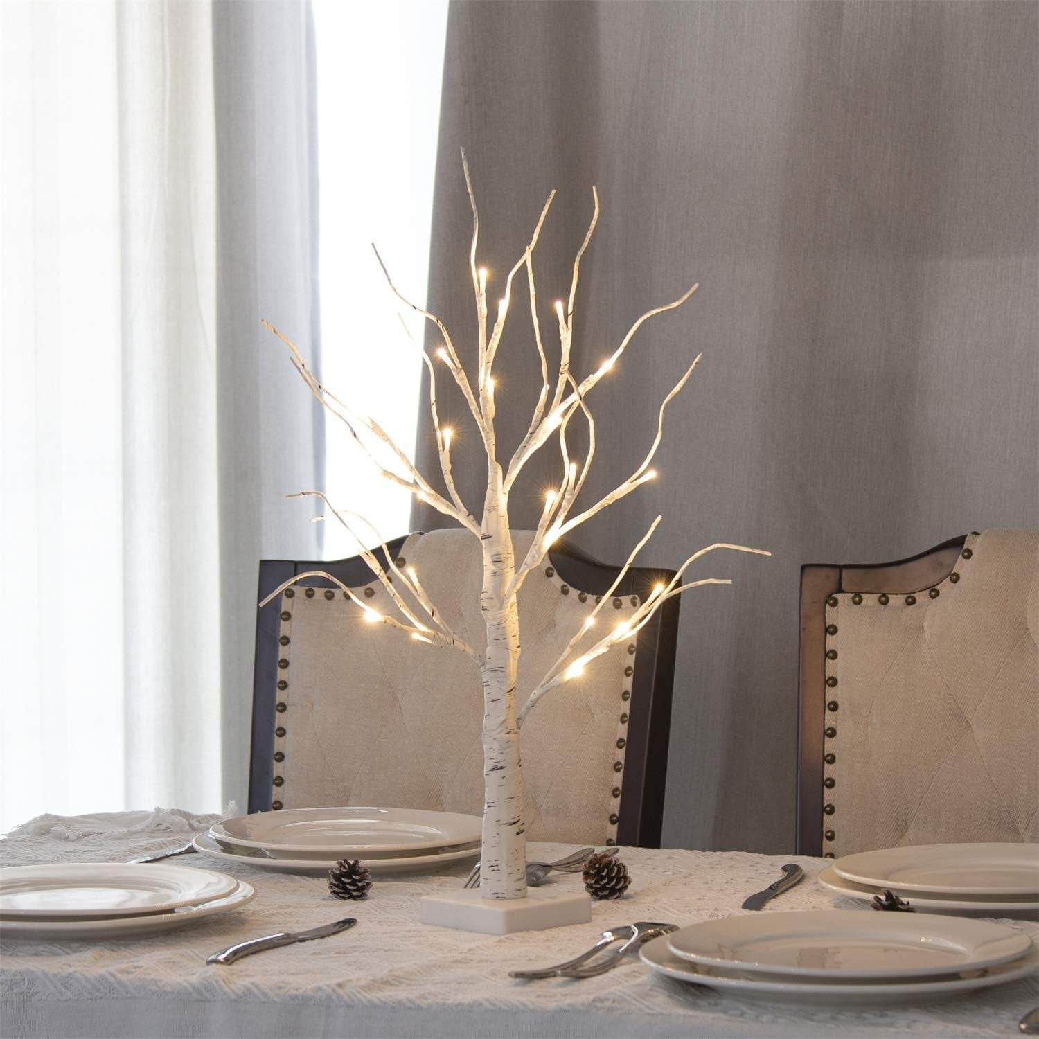 White Twig Christmas Tree with Lights 2FT Tabletop Birch Tree with 24 Warm White Leds Battery Operated LED Birch Tree for Home Party Wedding Easter Christmas Decoration