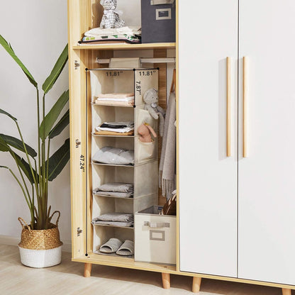Hanging Closet Organizers 6 Shelves Wardrobe Storage Hanging Shelves with Side Pockets Clothes Organizer Bedroom Storage Beige