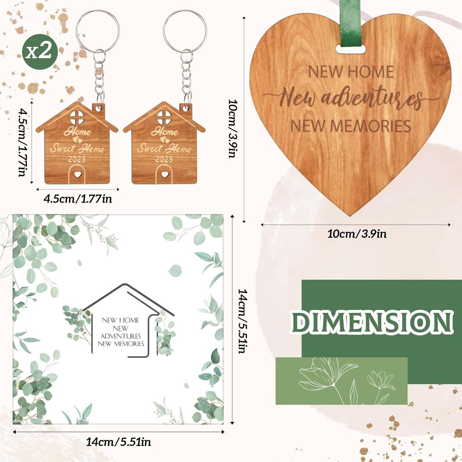 New Home Gift Sets Include 1 New Home Card with Envelope, 1 Wooden Heart Plaque Decoration Keepsake with Ribbon and 2 Home Sweet Home Keyrings, Housewarming Gifts for New Home Friends Couples