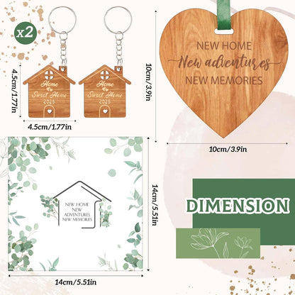 New Home Gift Sets Include 1 New Home Card with Envelope, 1 Wooden Heart Plaque Decoration Keepsake with Ribbon and 2 Home Sweet Home Keyrings, Housewarming Gifts for New Home Friends Couples
