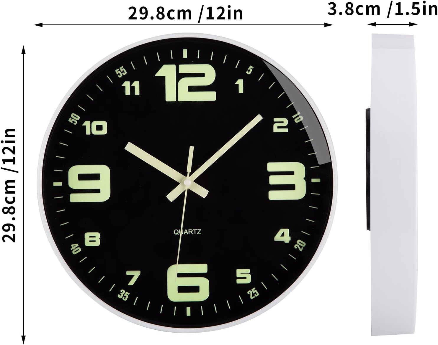 Wall Clock - 12 Inch Large Wall Clocks Glow in the Dark Clock Silent Night Lights Luminous Modern Small Vintage Black Retro White Outdoor Clock for Kitchen Bedrooms Bathroom Living Room Garden Kids