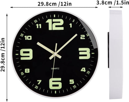Wall Clock - 12 Inch Large Wall Clocks Glow in the Dark Clock Silent Night Lights Luminous Modern Small Vintage Black Retro White Outdoor Clock for Kitchen Bedrooms Bathroom Living Room Garden Kids