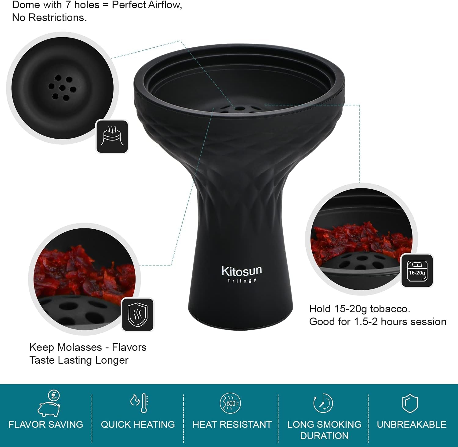 Shisha Bowl Premium Shisha Head 70Degree Silicone Larger Hookah Bowl Fits for Lotus Heat Management Device Durable Non-Broken Easy Cleaning 3" Bowl 4" Tall (Multi-Holes)