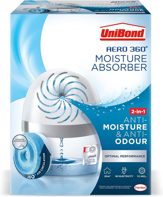 AERO 360º Moisture Absorber, 1 Device Incl. 1 Refill Tab 450G, Ultra-Absorbent Dehumidifier, Helps to Prevent Condensation, Mould & Musty Smells, Recyclable, Refillable Condensation Absorber