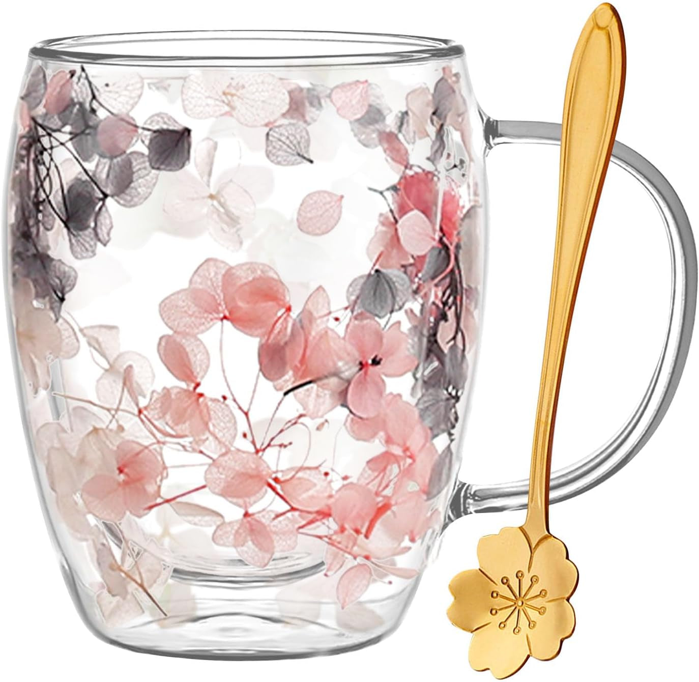 Gifts for Women Dried Flowers Double Wall Glass Coffee Mugs Cute Glass Tea Cups with Handles Christmas Birthday Gifts for Best Friend Teacher Mum Gifts Ideas Autumn Mug Home Decor(Grey+Pink)