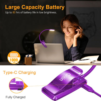9 LED Clip on Book Light, 3 Eye-Protecting Modes Flexible Reading Light Book Lamp (Warm&Cool White) -Stepless Dimming, Rechargeable, Long Battery Life, 4-Level Power Indicator-Dark Purple