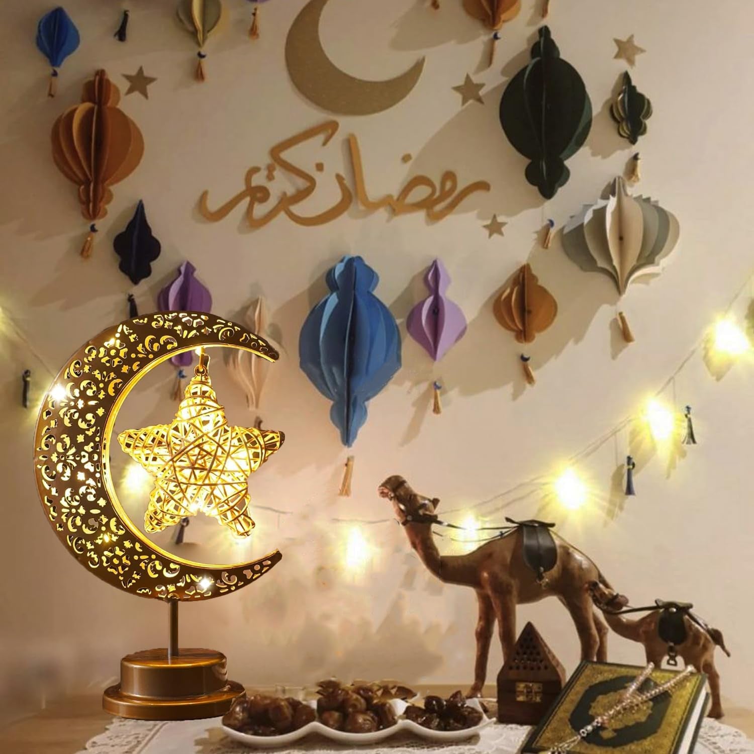 Ramadan Lights, Eid Decorations, Moon Table Lamp, Ramadan Decorations for Home, Eid Gifts for Kids, Family, Battery Operated Moon Lamp, Retro Metal Ramadan Moon Star Lights, Eid Mubarak Decorations