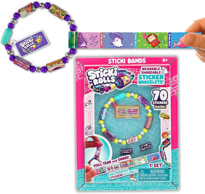 Sticki Rolls Sticki Bands, Wearable & Shareable Sticker Bracelet, 70 Mini Stickers, Assorted Colours and Styles, Packaging May Vary