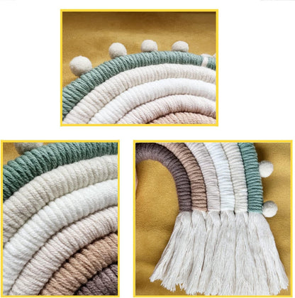 Rainbow Macrame Wall Hanging Decorations for Nursery Décor, Kids Bedroom Woven Tassel for Girls& Boys, Handmade Playroom Cotton Accessories for Baby Toddler Room (Beige)