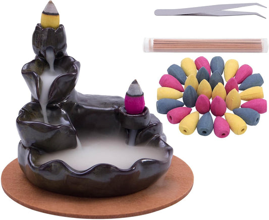 Ceramic Waterfall Backflow Incense Burners - 80 Pcs Backflow Incense Cones + 30 Incense Sticks - for Relaxation, Yoga, Purification, Meditation Gift