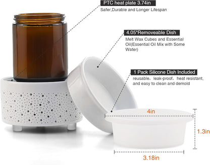 Wax Melt Burner with Silicone Dish Ceramic 3-In-1 Oil Burner Electric Candle Wax Warmer Melter Fragrance Heating Plate for Scented Waxs Home Office Bedroom Aromatherapy Gift& Décor-White
