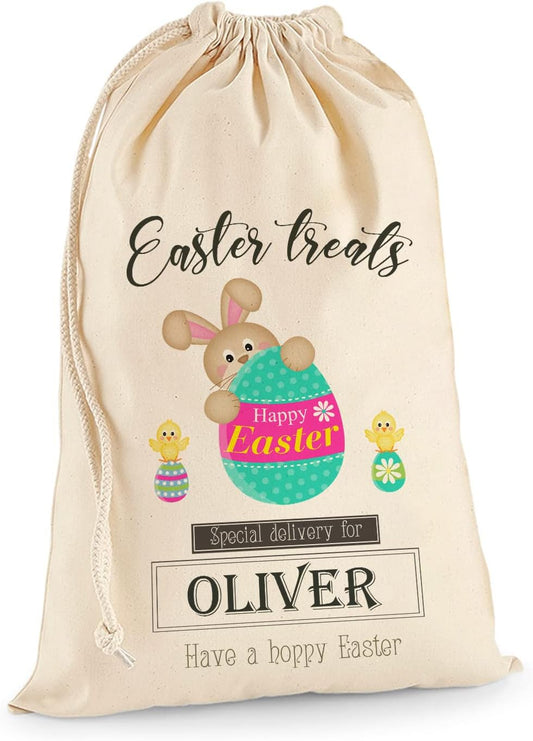 Personalised Custom Made Easter Rabbit Bunny Cotton Gift Sack Bag Extra Large (75 X 49 Cm 38 Litres) with Drawstring for Holiday Presents and Egg Hunt - Happy Easter