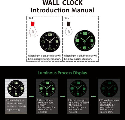Wall Clock - 12 Inch Large Wall Clocks Glow in the Dark Clock Silent Night Lights Luminous Modern Small Vintage Black Retro White Outdoor Clock for Kitchen Bedrooms Bathroom Living Room Garden Kids