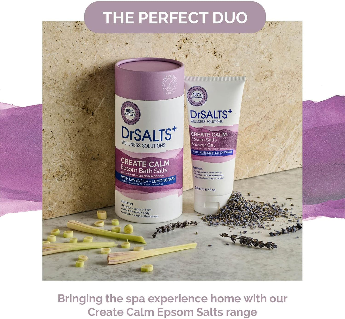 Drsalts+ Create Calm Shower Gel - Soothing Epsom Salts to Relax Body & Mind with Lavender, Chamomile & Lemongrass Essential Oils - Vegan & Cruelty-Free, 200Ml