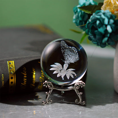 60Mm Butterfly Crystal Ball Paperweight,3D Laser Engraved Butterfly on Sunflower in Glass Ball with Stand Decorative Butterfly Glass Sphere Home Decor Gifts for Women Girls