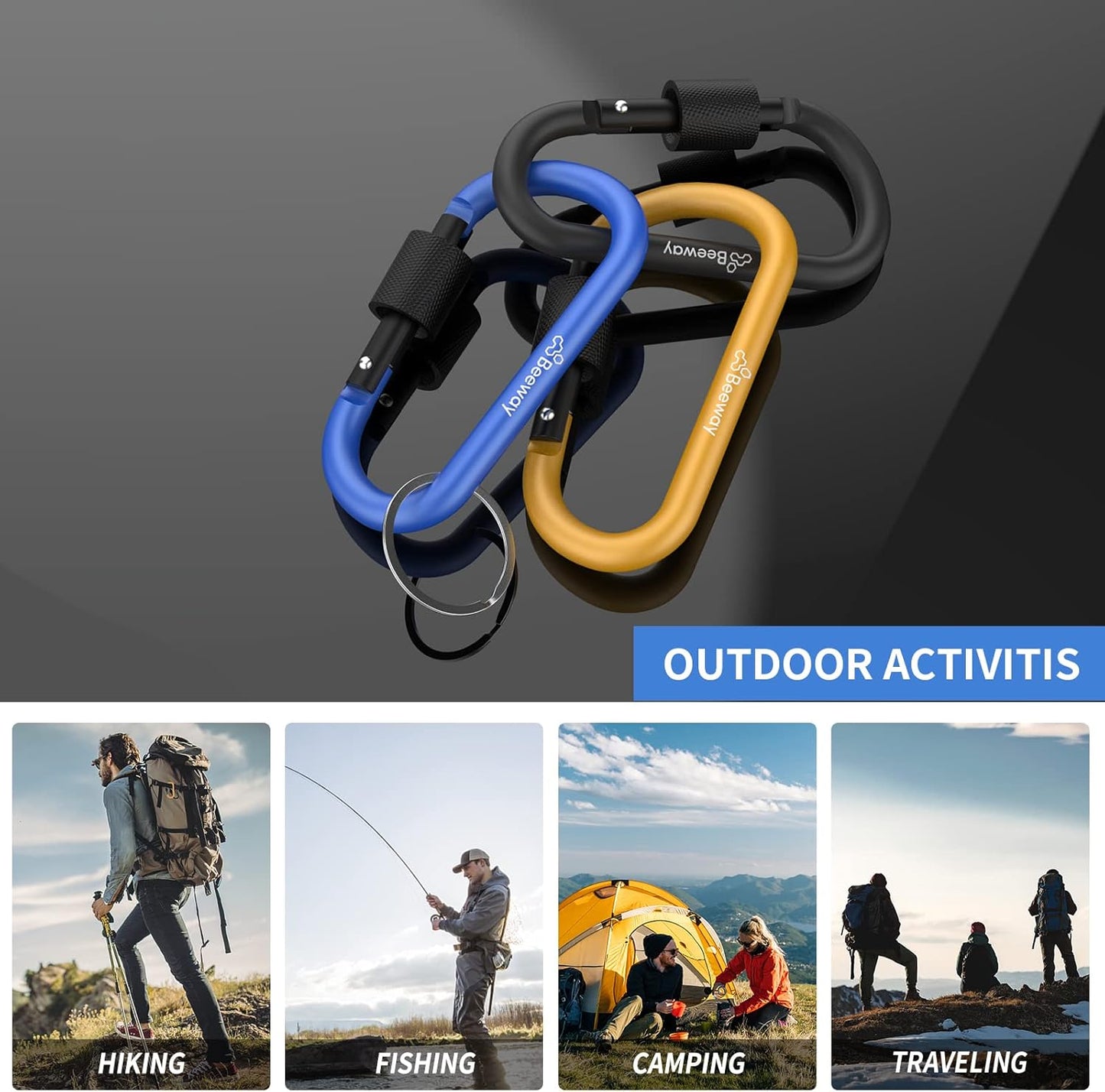 Locking Carabiner, Premium Aluminum Alloy D-Ring Carabiners Key Chain Clip Hook for Camping, Hiking, Traveling, Fishing, Backpack