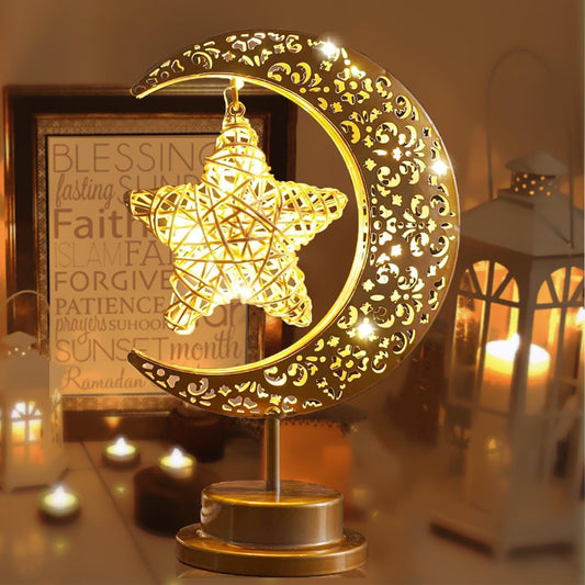 Ramadan Lights, Eid Decorations, Moon Table Lamp, Ramadan Decorations for Home, Eid Gifts for Kids, Family, Battery Operated Moon Lamp, Retro Metal Ramadan Moon Star Lights, Eid Mubarak Decorations