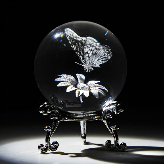 60Mm Butterfly Crystal Ball Paperweight,3D Laser Engraved Butterfly on Sunflower in Glass Ball with Stand Decorative Butterfly Glass Sphere Home Decor Gifts for Women Girls