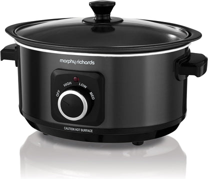 3.5L Sear & Stew Slow Cooker, Shatter Resistant Aluminium Pot, 3 Heat Settings, Hob Proof, Easy Clean, 163W, Black, 460012