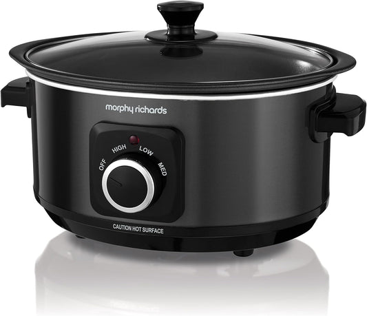 3.5L Sear & Stew Slow Cooker, Shatter Resistant Aluminium Pot, 3 Heat Settings, Hob Proof, Easy Clean, 163W, Black, 460012