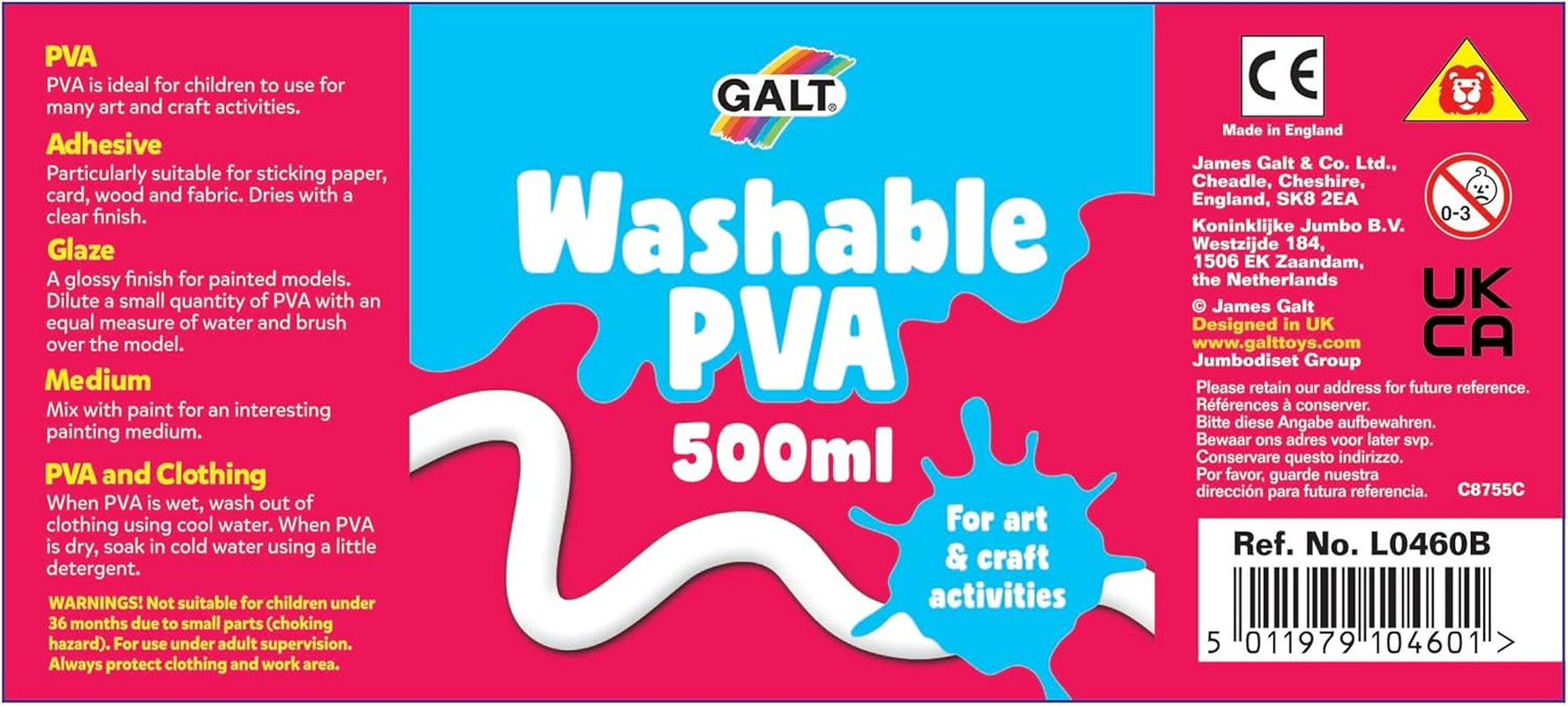 Washable PVA Glue for Crafting, 500Ml - Slime Making Easy Clean Kids Glue, Washes Out of Clothes - Clear Arts and Crafts Glue for Paper, Card, Wood and Fabrics - Children Safe, Ages 3 Years Plus