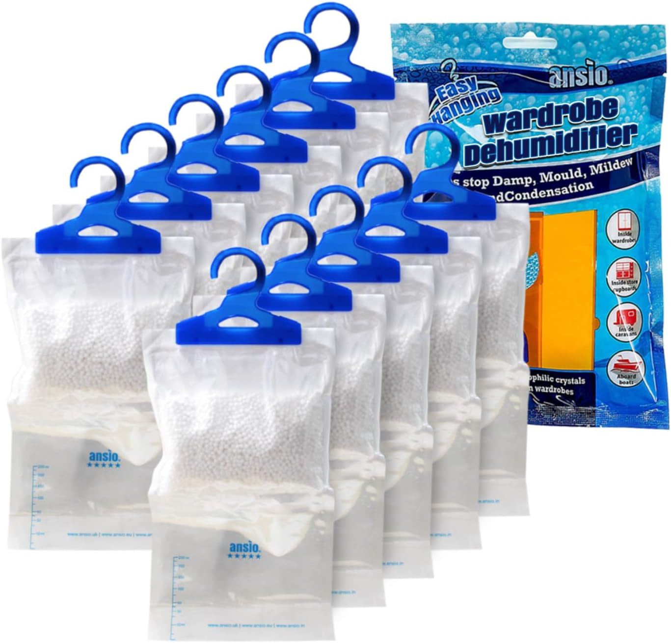 Wardrobe Dehumidifier Hanging Bags Pack of 12 Moisture Absorbers, Trap, Condensation, Dehumidifiers for Damp, Mould, Bedroom, Caravan, Bathroom, Basement, Office – 210G Each