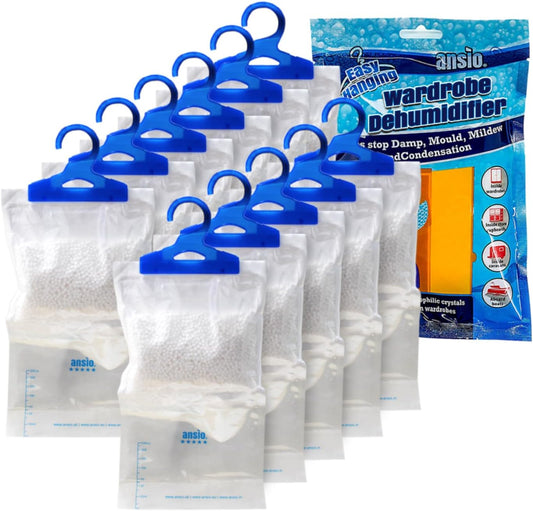 Wardrobe Dehumidifier Hanging Bags Pack of 12 Moisture Absorbers, Trap, Condensation, Dehumidifiers for Damp, Mould, Bedroom, Caravan, Bathroom, Basement, Office – 210G Each