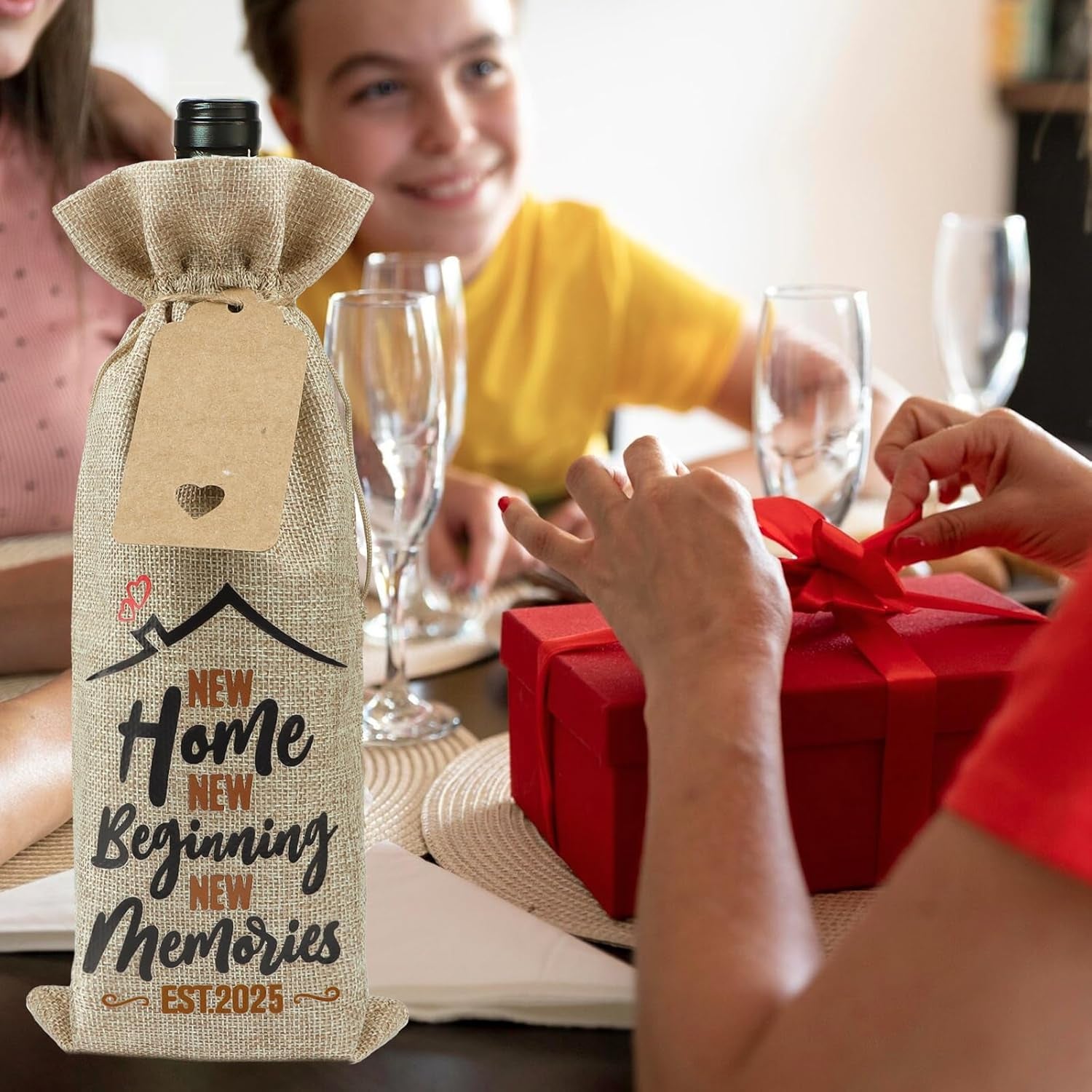 New Home Wine Gift Bag Cotton Linen Drawstring Bottle Bag for Wine with Tag and Rope New Home Gift Bags Wine Bottle Cover Bags New Home Gifts for Men Women