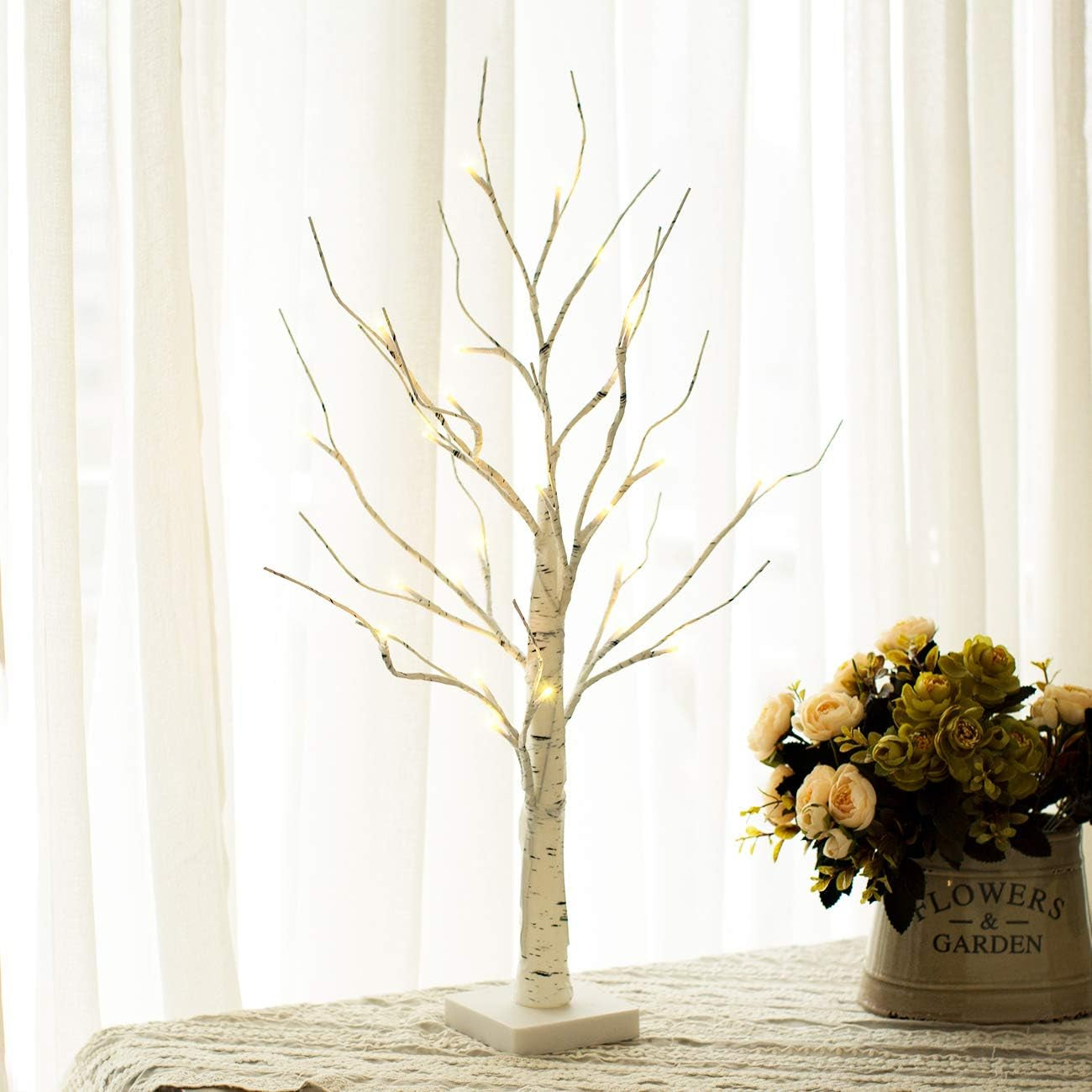 White Twig Christmas Tree with Lights 2FT Tabletop Birch Tree with 24 Warm White Leds Battery Operated LED Birch Tree for Home Party Wedding Easter Christmas Decoration