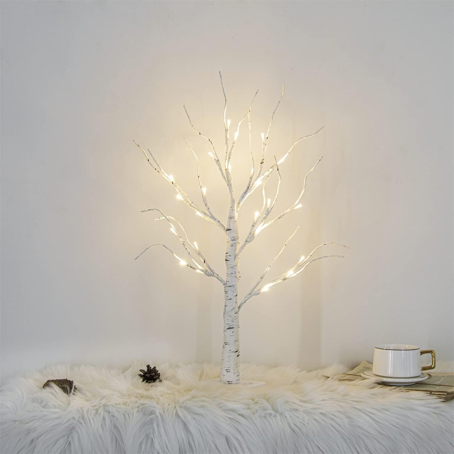 White Twig Christmas Tree with Lights 2FT Tabletop Birch Tree with 24 Warm White Leds Battery Operated LED Birch Tree for Home Party Wedding Easter Christmas Decoration