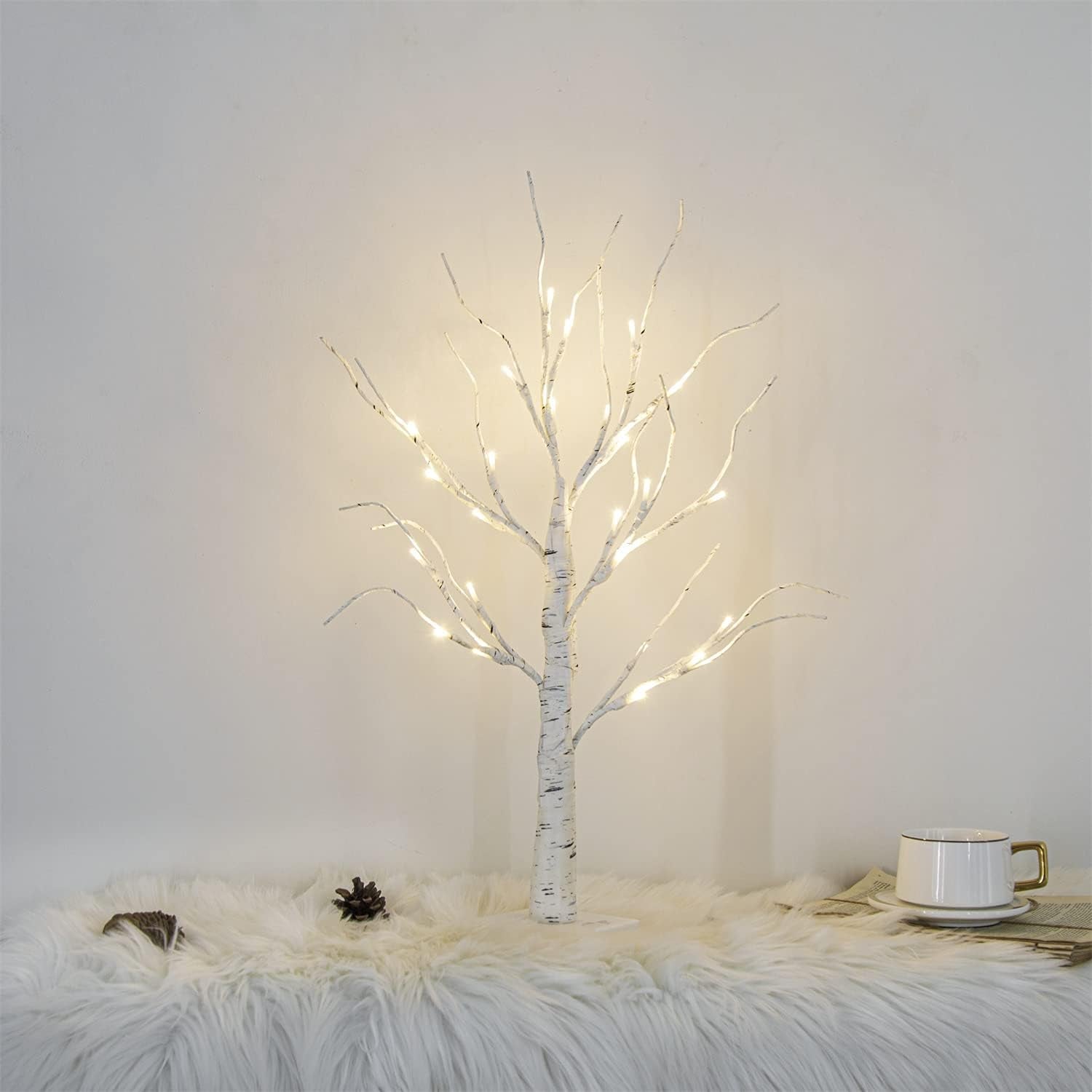White Twig Christmas Tree with Lights 2FT Tabletop Birch Tree with 24 Warm White Leds Battery Operated LED Birch Tree for Home Party Wedding Easter Christmas Decoration