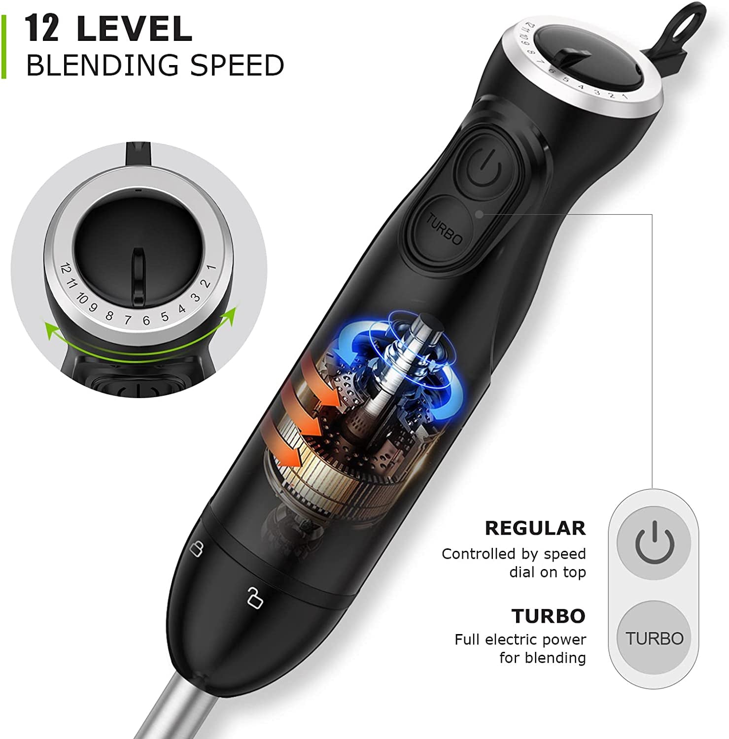 Hand Blender, 12 Speeds Immersion Blender Handheld, Stick Blender Electric with Stainless Steel Blade for Making Baby Food, Soups, Sauce, HB3201 (Black)