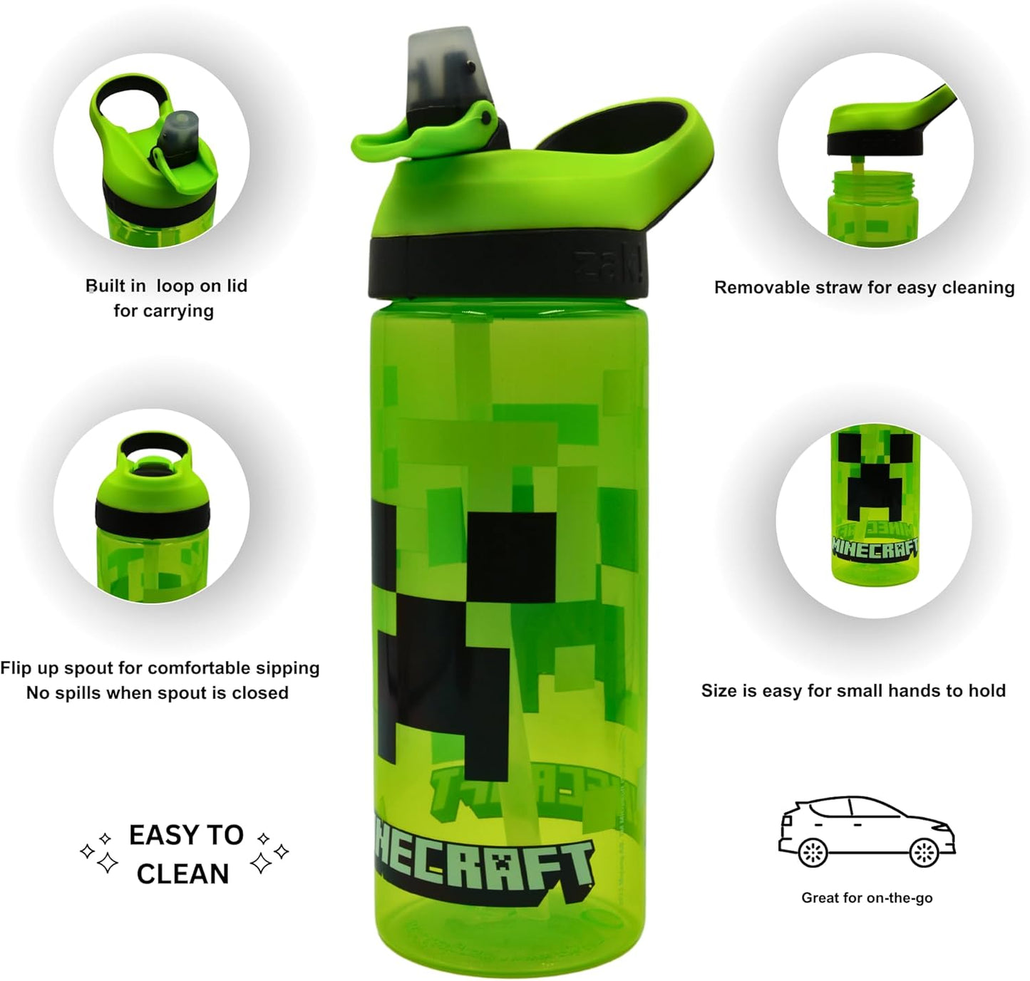 Minecraft Atlantic Creeper Drinks Bottle with Logo Eco Freindly Bpa-Free Plastic School Water Bottle with Removable Straw, Spills Proof Gift for Minecraft Fan Officially Merch 600ML