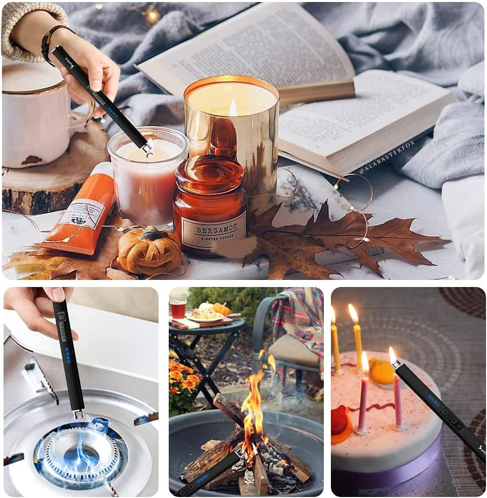 Electric Lighter Arc Windproof Flameless USB Lighter Rechargeable Lighter with Safety Lock for Candle BBQ Camping (Black)