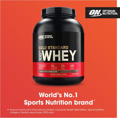 Gold Standard 100% Whey Muscle Building and Recovery Protein Powder with Naturally Occurring Glutamine and BCAA Amino Acids, Double Rich Chocolate Flavour, 73 Servings, 2.26 Kg