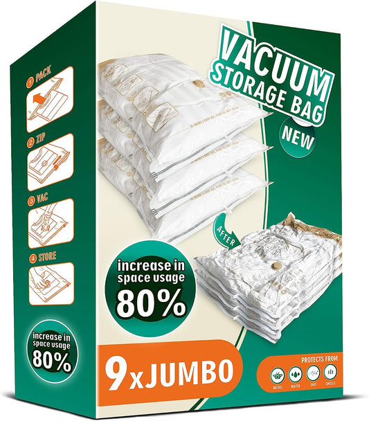 Space Saver Bags for Travel and Home Reusable Vacuum Storage Bags save 80% More Storage Space Work with Vacuum Cleaner (9 Jumbo, No Pump Included)