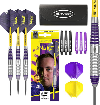 Darts Luke Littler Brass Steel Tip Darts Set – 22G Steel Tip Dart, the Nuke Player Edition Dart Set, Dart Accessories
