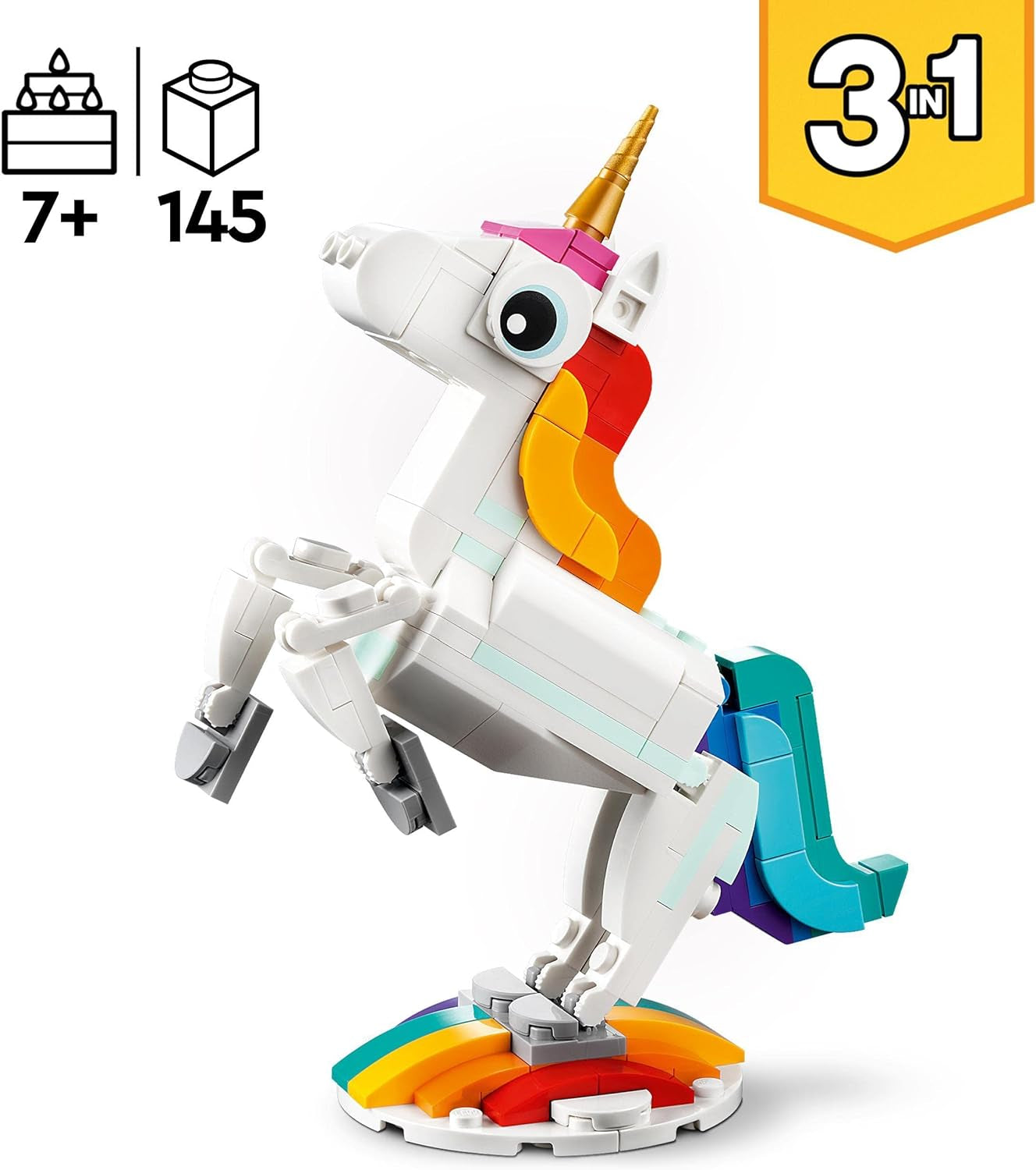 31140 Creator 3 in 1 Magical Unicorn Toy to Seahorse to Peacock, Rainbow Animal Figures, Unicorn Gift for Girls and Boys, Buildable Toys