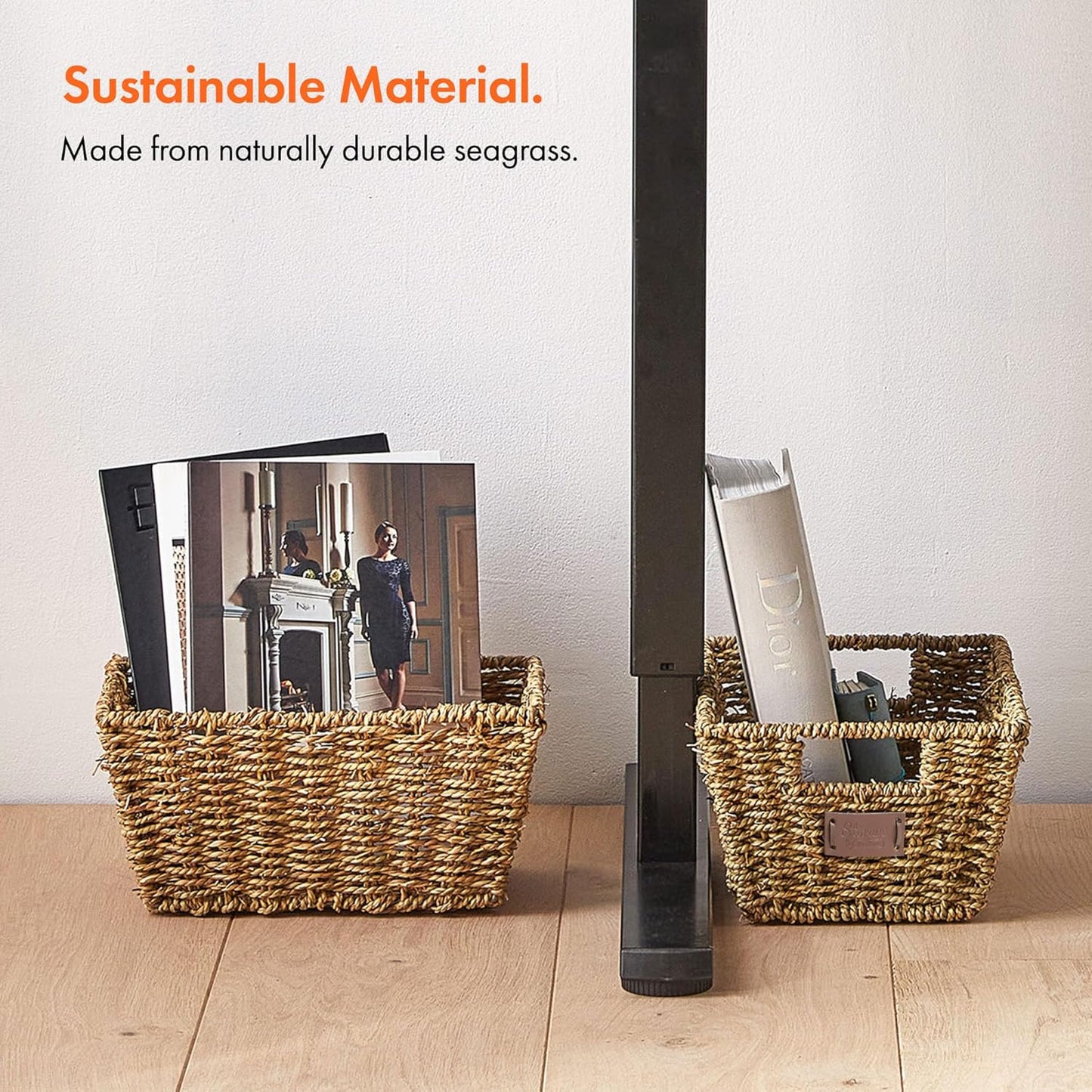 Seagrass Storage Baskets, Set of 4 Hand-Woven Display Hampers - Bathroom Storage Baskets for Shelves - Nesting Natural Wicker Seagrass Baskets for Storage W/Handles for Bedroom & Home Office