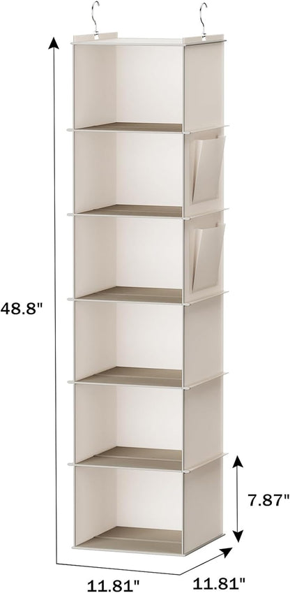 Hanging Closet Organizers 6 Shelves Wardrobe Storage Hanging Shelves with Side Pockets Clothes Organizer Bedroom Storage Beige