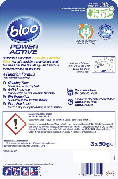 Power Active Toilet Rim Block Lemon, with Anti-Limescale, Cleaning Foam, Dirt Protection and Extra Freshness - Pack of 3 Rimblocks