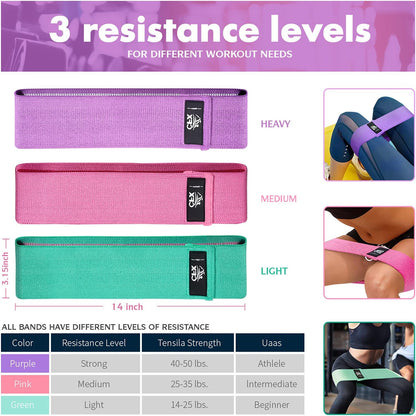 Resistance Bands Set, Exercise Bands with Non-Slip Design for HIPS & Glutes, 3 Levels Workout Bands for Women and Men, Booty Bands for Home Fitness, Yoga, Pilates