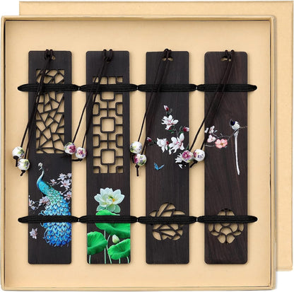 Wooden Bookmark for Men Women, Handmade Natural Wood Carving, Hollow Out and Painted Craft, Ideal Gifts for Men Women Friends Girls Teachers, Birthday Present (Peacock and Lotus)
