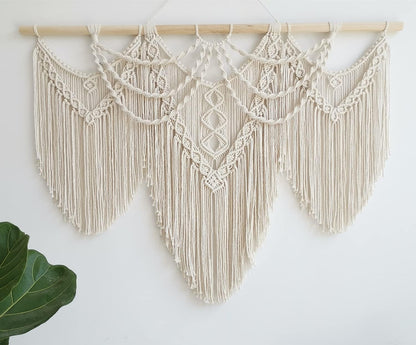 Large Macrame Wall Hanging Boho Handmade Woven Tapestry Tassel Craft Ornament Wall Art Beige Natural Cotton Rope Bohemian Chic Wall Decor for Bedroom Living Room Office Apartment