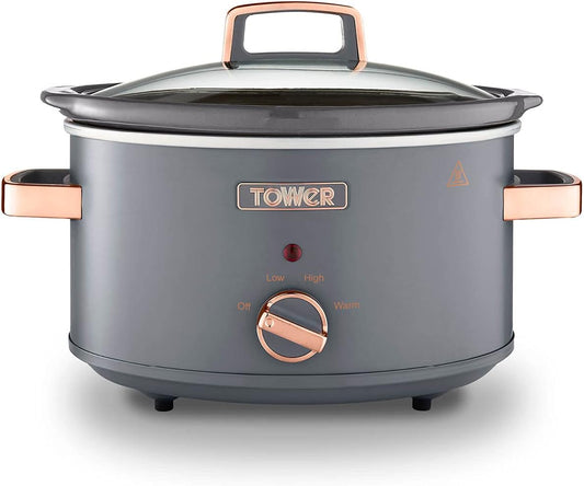 T16042GRY Cavaletto 3.5 Litre Slow Cooker with 3 Heat Settings, Removable Pot and Cool Touch Handles, Grey and Rose Gold