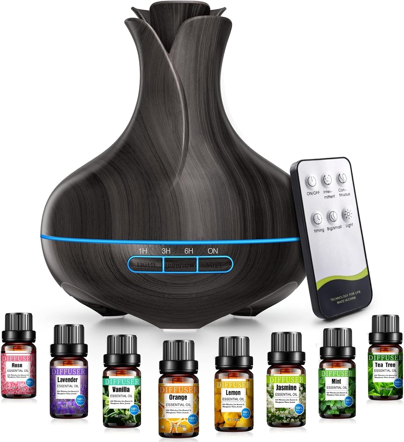 600 ML Aromatherapy Oil Diffusers with 8 Essential Oils Set, Ultrasonic Essential Diffuser with 2 Mist Modes, LED Lights,4 Timer for Large Room