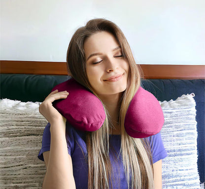 Memory Foam Moulded Pressure Relief Neck Cushion. Comfort & Posture, Ideal for Travel. Supports the Head, Neck and Chin When Sleeping. Use for Plane, Train or Car Journeys. Travel Pillow Pink