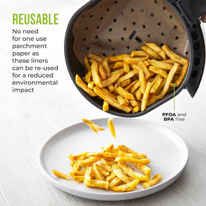 TLINER1 4 Pack of round Air Fryer Liners, Suitable for Air Fryers between 2 Litre and 4 Litre, Non-Stick, Reusable, Gold & Black