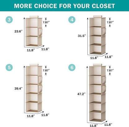 Hanging Closet Organizers 6 Shelves Wardrobe Storage Hanging Shelves with Side Pockets Clothes Organizer Bedroom Storage Beige