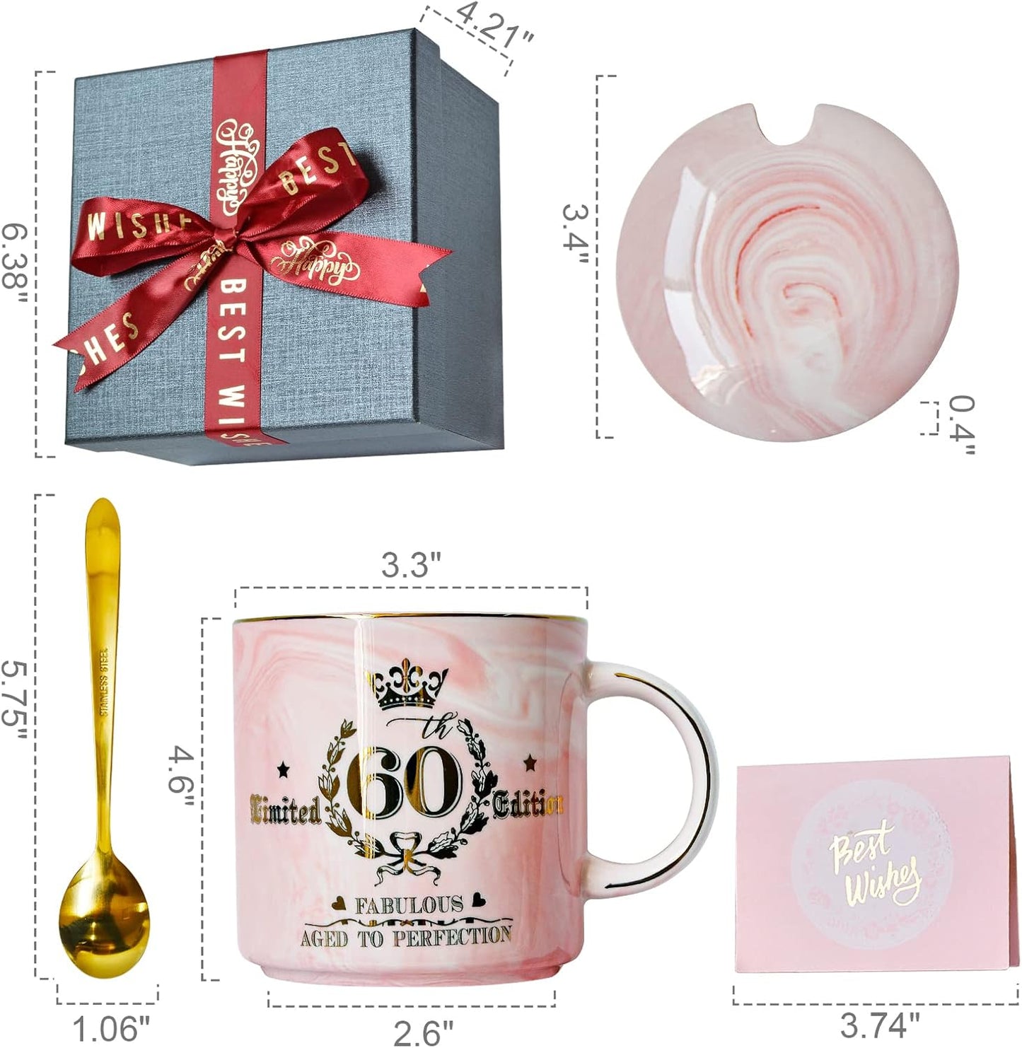 60Th Birthday Gift for Women, Fabulous 1964 Aged to Perfection - 14Oz Pink Coffee Mug Printed with Gold, Turning 60 Gifts for 60 Years Old Woman, Mum, Grandma, Friend, Her, Ceramic Marble Cup with Box